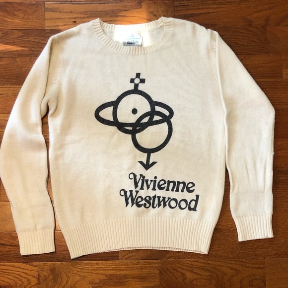 Vivienne Westwood Sweaters - Vivian Westwood Cream Cotton Knit Sweater with Black Design Women's Medium